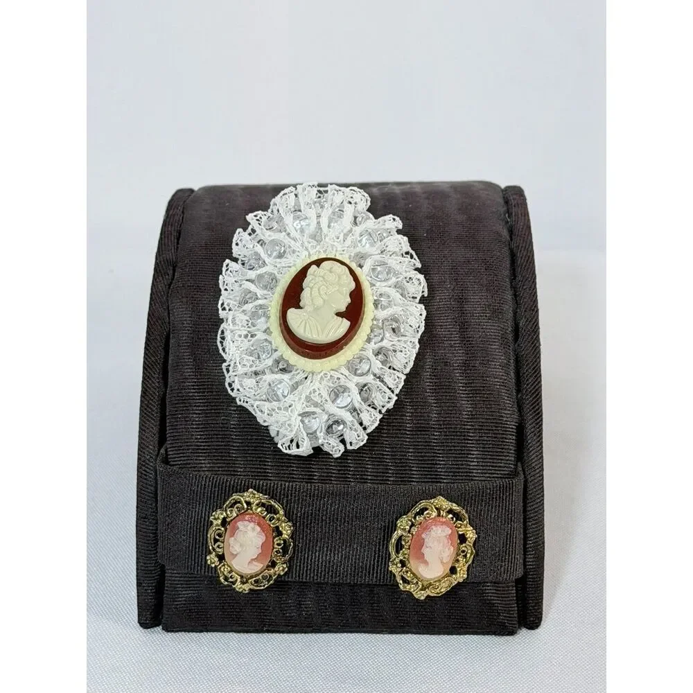 VTG Cameo Pink Resin Gold Tone Filigree Clip on Earrings Pin Brooch Victorian